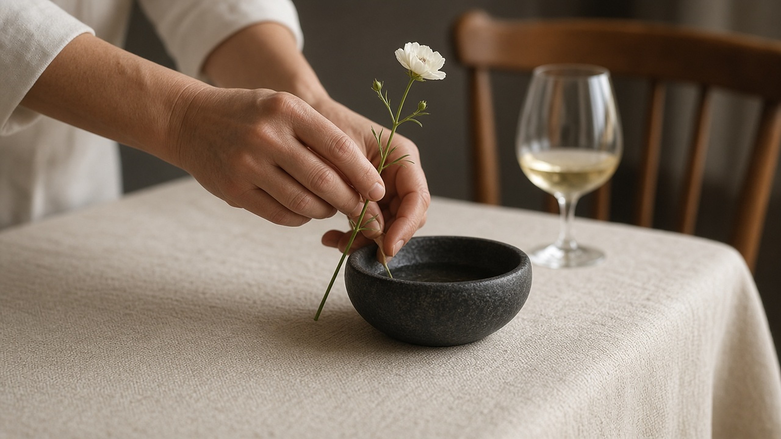 Hands adjusting a single stem on a dressed table — craft, not a team portrait