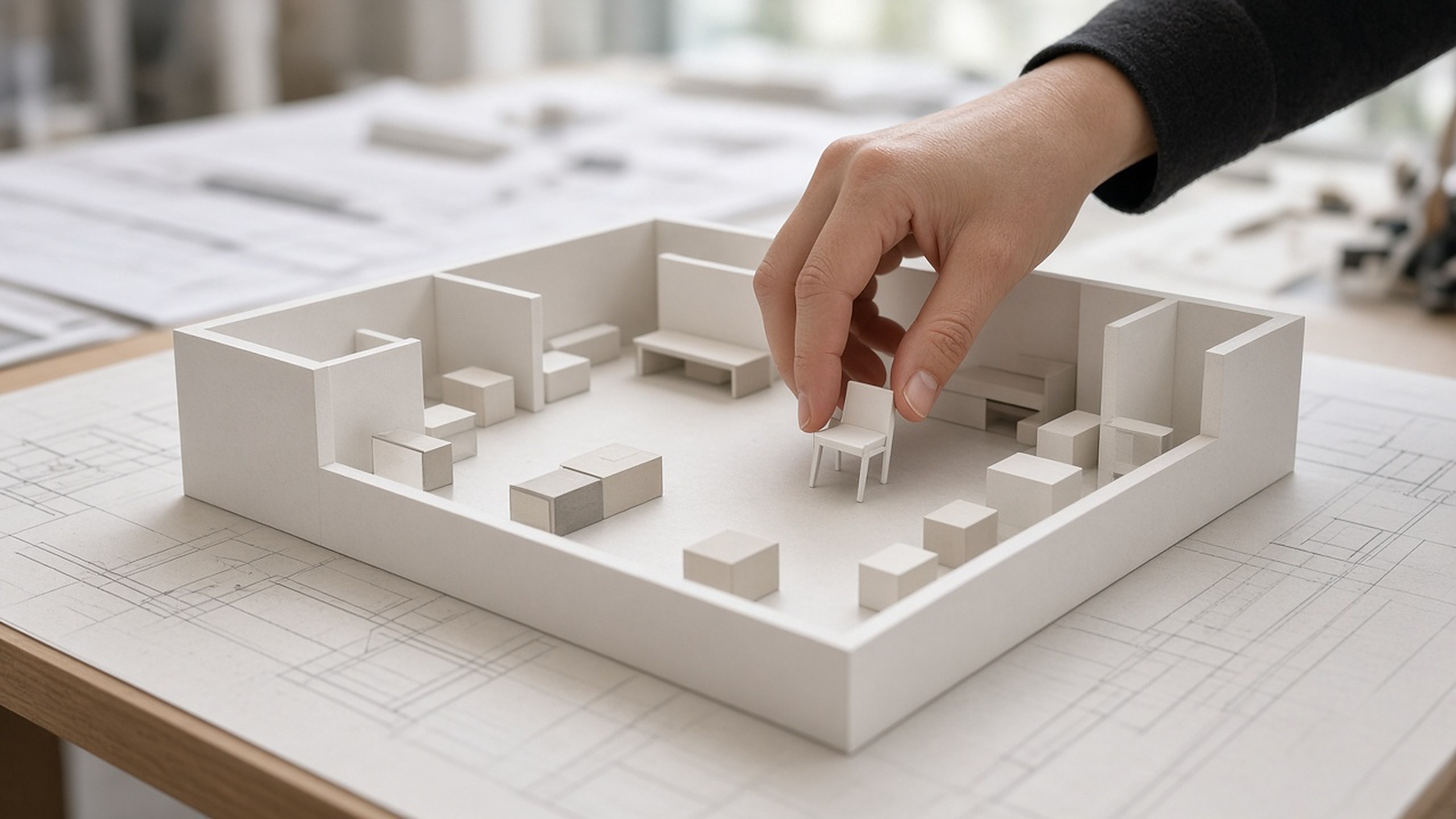 Interior scale model with a hand placing a chair