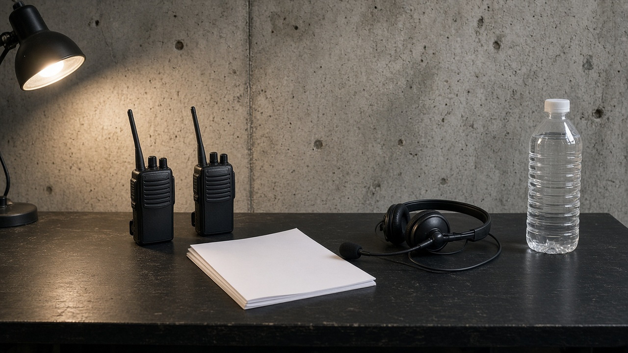 Radios, headset and a blank run-of-show on a back-of-house table