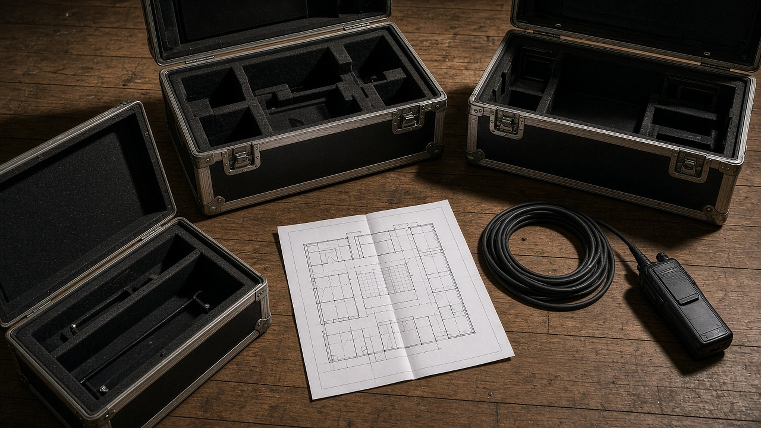 Open flight cases, a floor plan and a radio on a timber floor