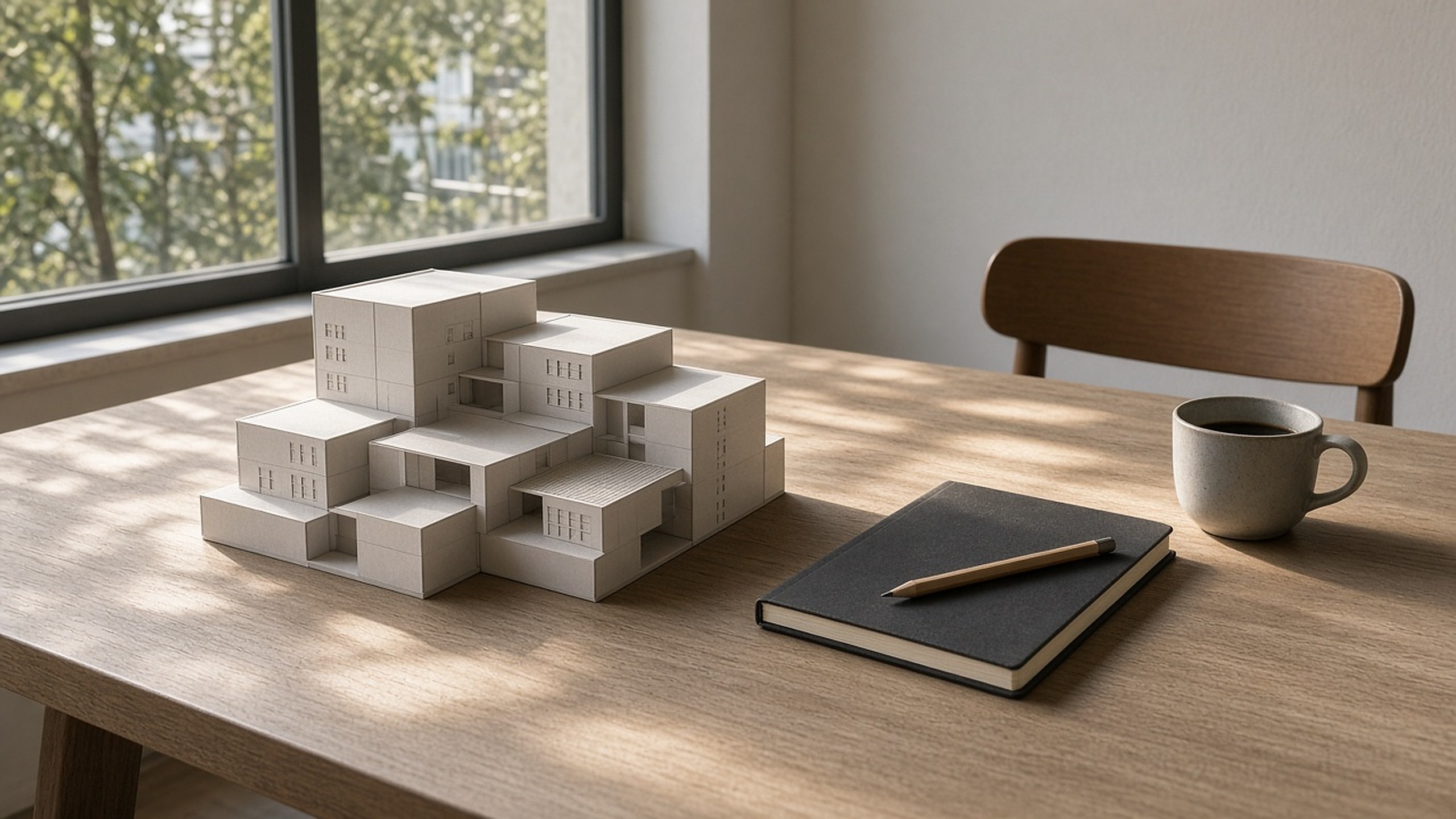 Architectural model, notebook and coffee on a sunlit planning table