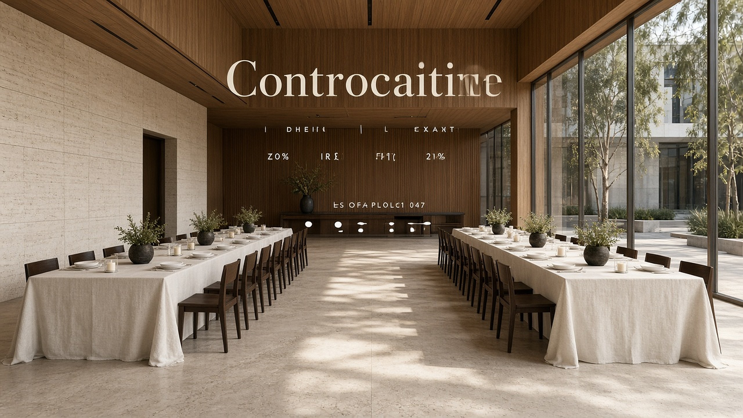 A prepared contemporary event room in late-afternoon light, empty before guests arrive