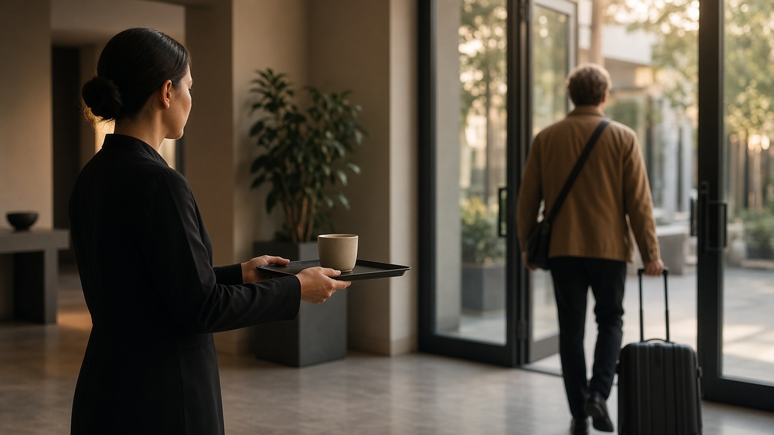 Hospitality at a foyer threshold as a guest enters