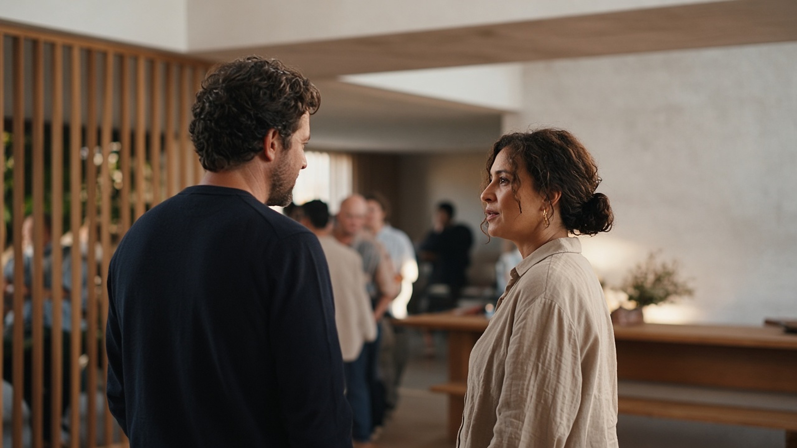 Two people in quiet conversation, seen from the side