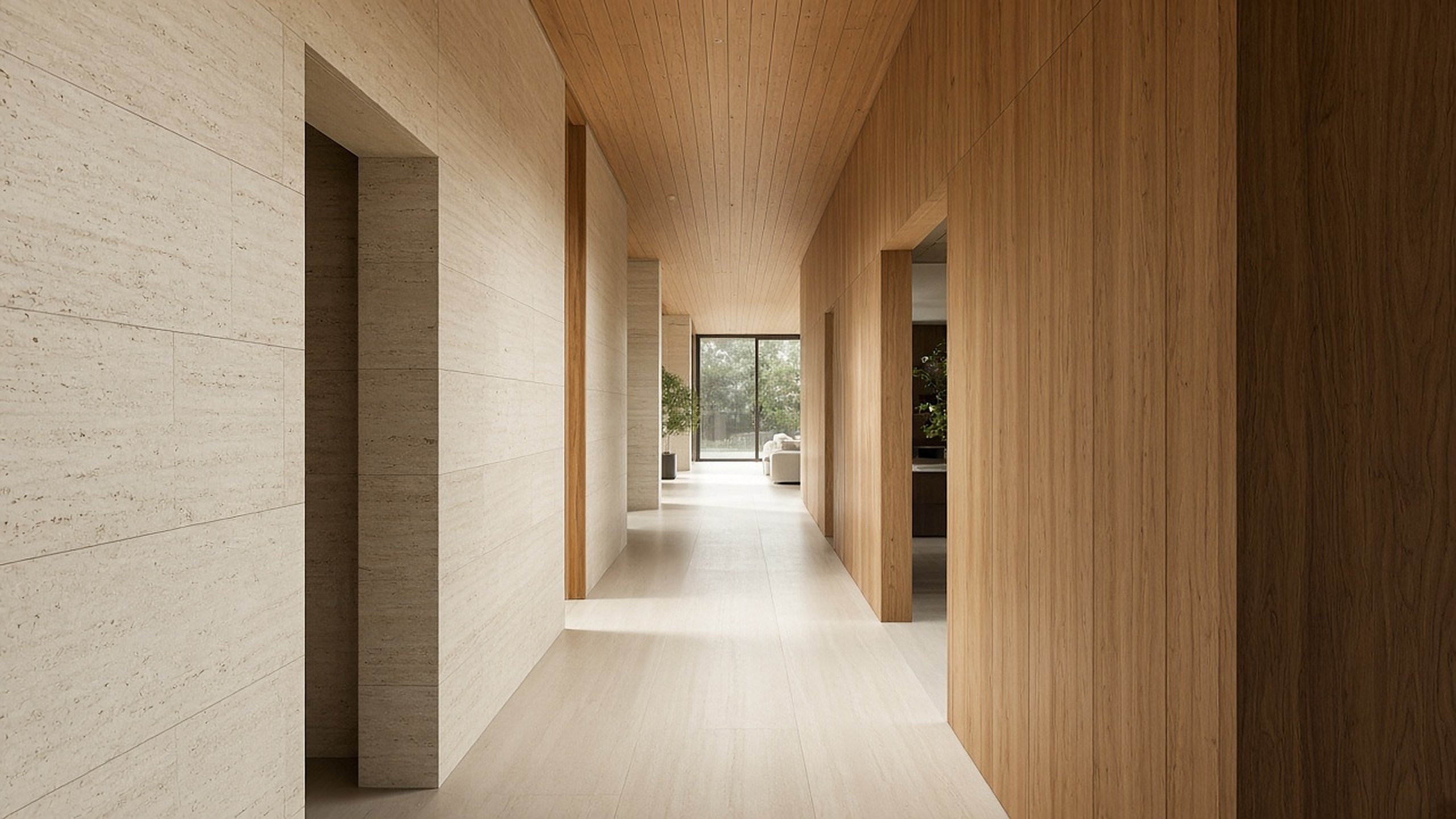 Long stone-and-timber corridor leading toward a lit room